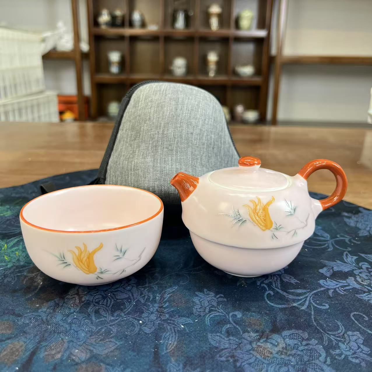 A044篱缘居旅行茶具粉汝喜上眉梢一壶一杯个人泡带包