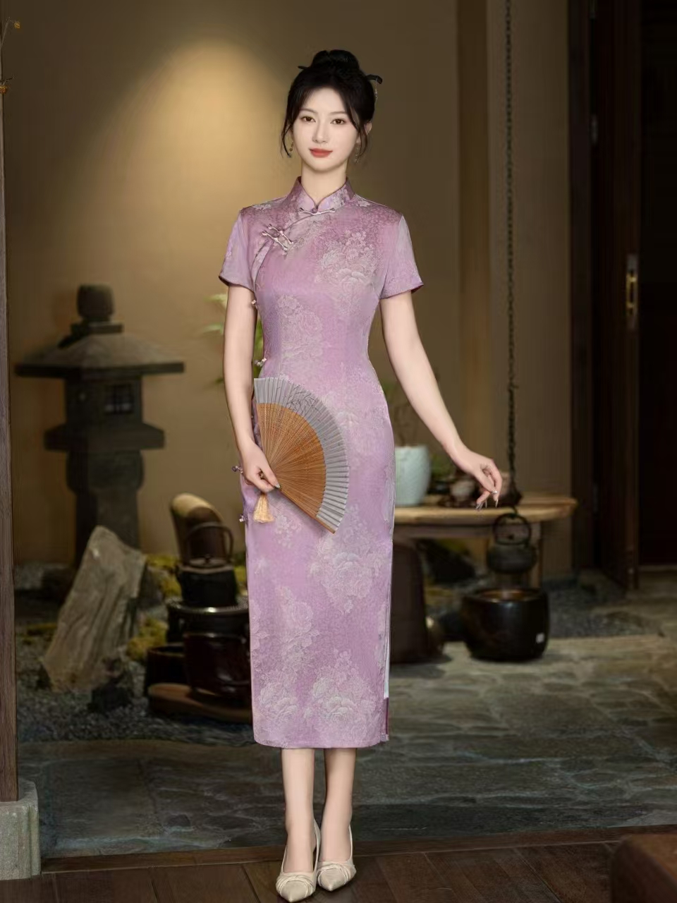 贵夫人高档提花缎暗纹玫瑰旗袍夏款显年轻日常优雅修身显瘦连衣裙