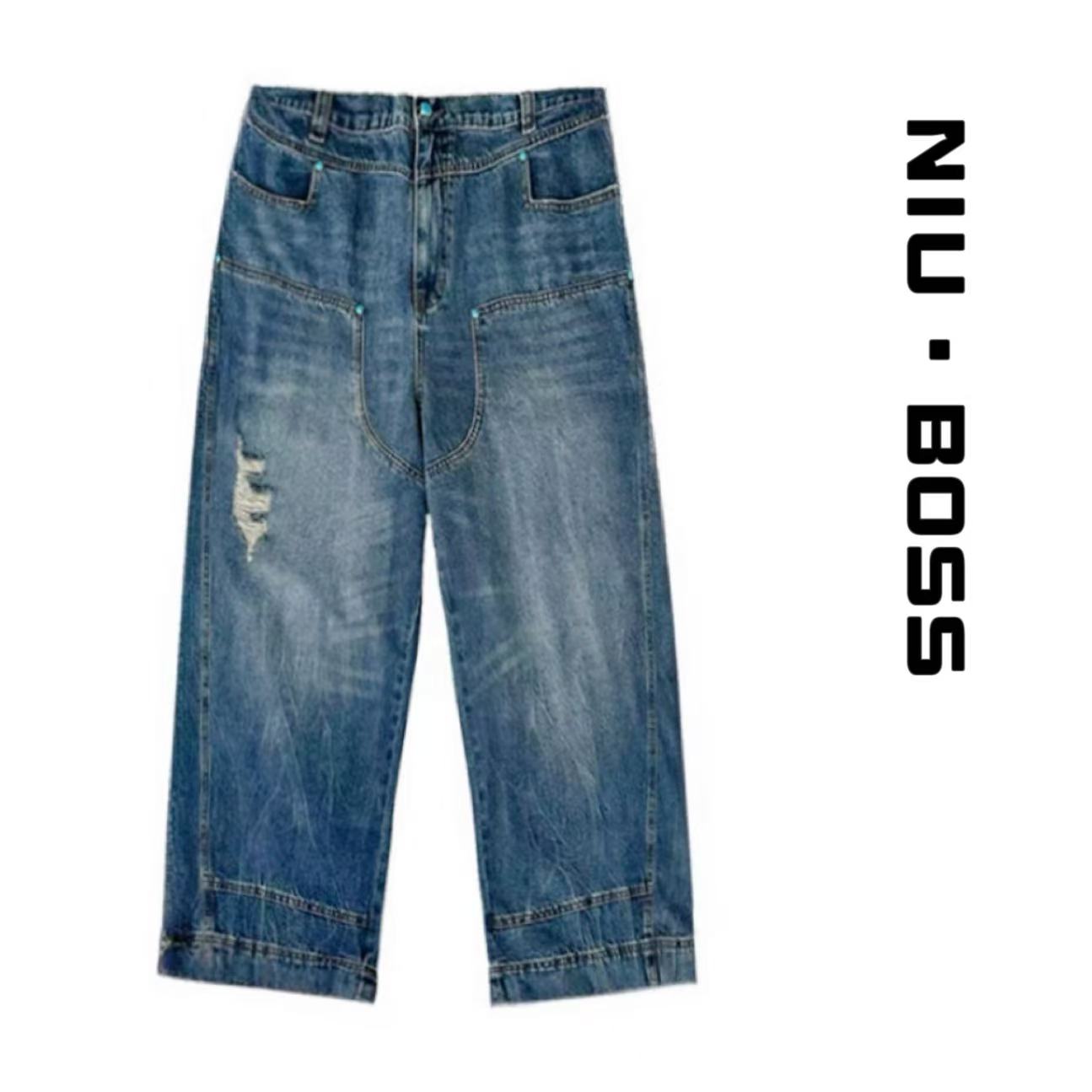 Three Ten.N大码250斤【痞帅】小众设计男女同款水洗工装牛仔裤