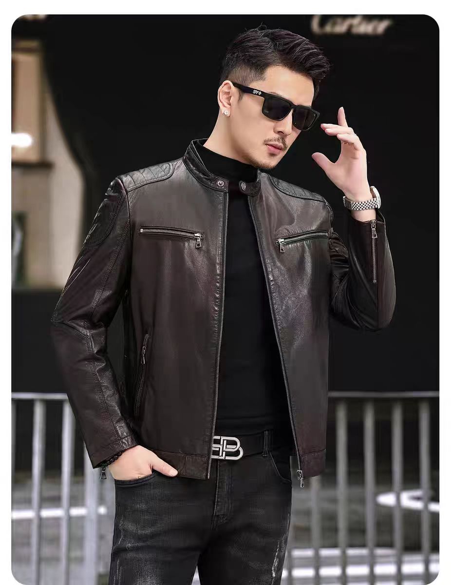 真皮皮衣男士休闲油蜡牛皮立领夹克青年时尚春秋冬潮流皮夹克