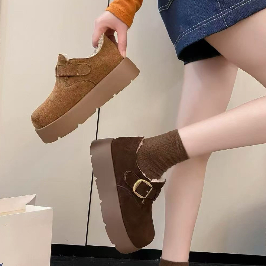 厚底勃肯棉鞋女秋冬季加绒保暖真皮毛毛鞋一脚蹬增高舒适搭子鞋