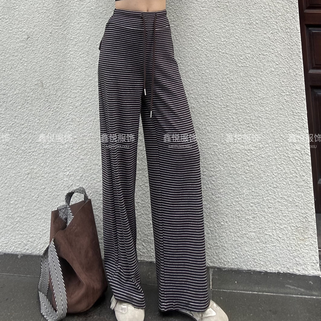 时尚气质条纹高腰显瘦休闲直筒拖地阔腿长裤女