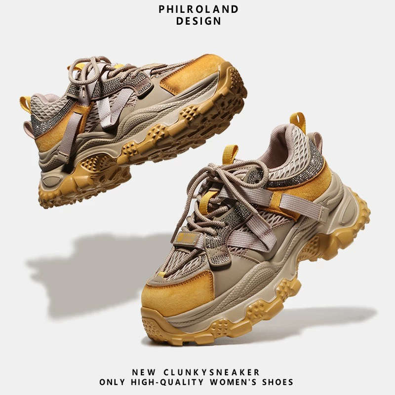 黄色复古老爹鞋女2025秋季百搭超轻厚底运动鞋增高显瘦休闲鞋潮