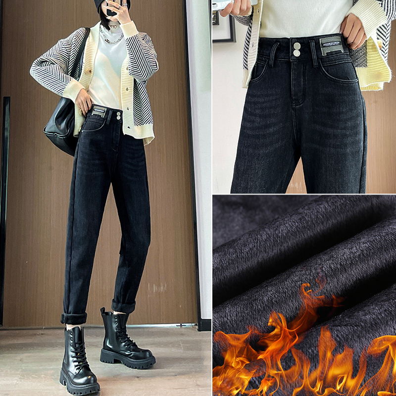 黑色加绒牛仔裤女冬季2025新款高腰宽松大码胖MM加厚哈伦老爹裤子