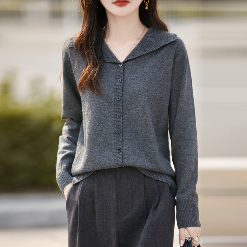 法式高级感精纺羊开衫女半开领纽扣针织长袖毛衣宽松气质外套上衣