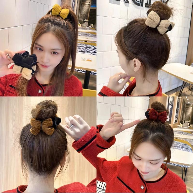 新款针织蝴蝶结发夹时尚秋冬咖系超仙气质针织蝴蝶结丸子头发夹