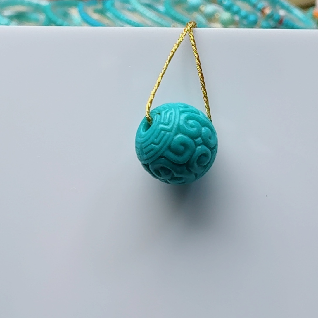 绿松石未镶嵌高瓷玉化绿精雕回纹圆珠10.5