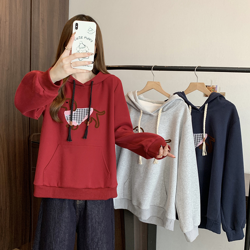20222（302）加厚新款胖mm大码女休闲宽松显瘦腊肠狗绣花连帽卫衣