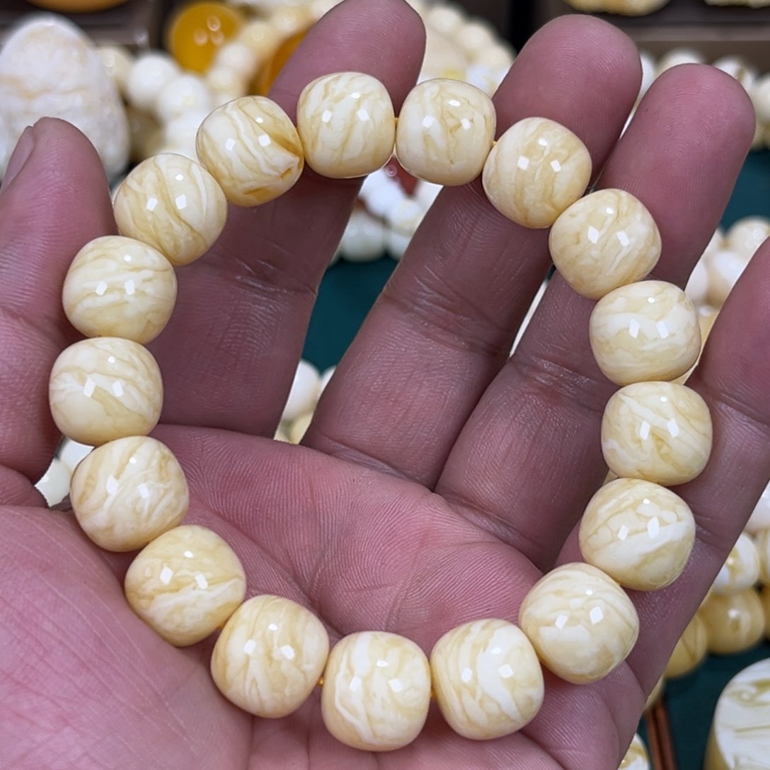琥珀手链未镶嵌同料白花虎皮细纹老邢13mm