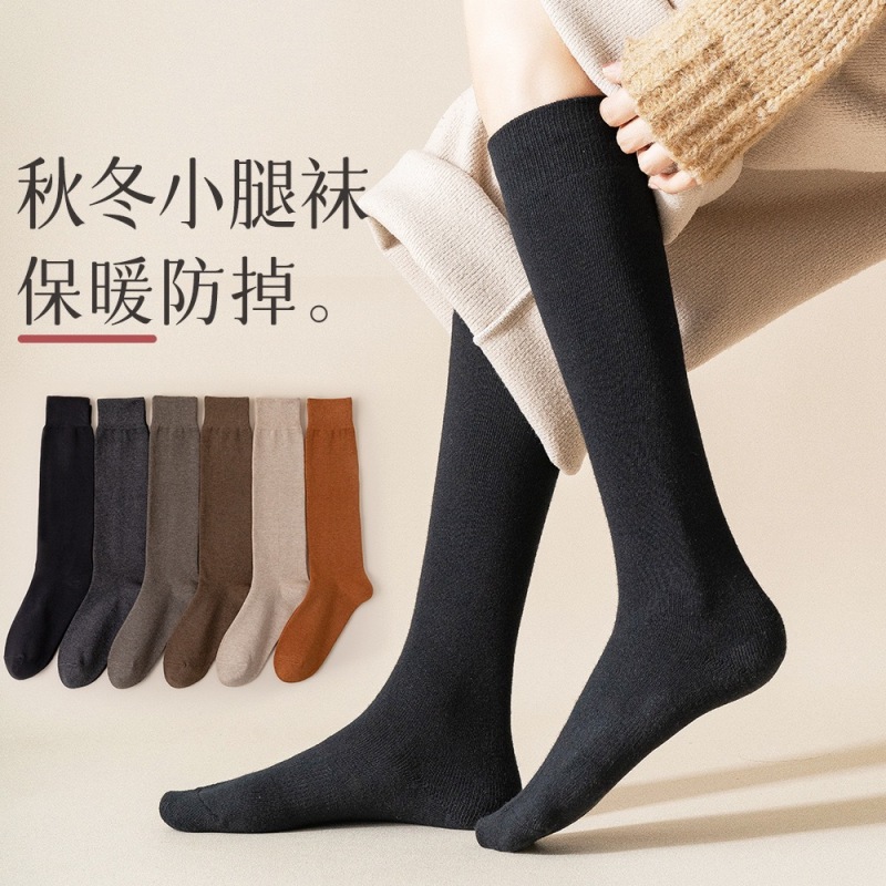 秋冬季小腿袜女防掉袜子女士保暖黑色纯棉长筒秋天长袜高筒舒适