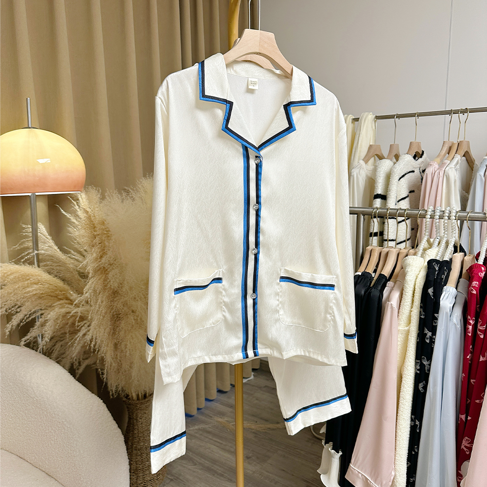 【蓝鲸】春季大牌睡衣贡缎软丝薄长袖家居服宽松小众轻奢舒适带口袋