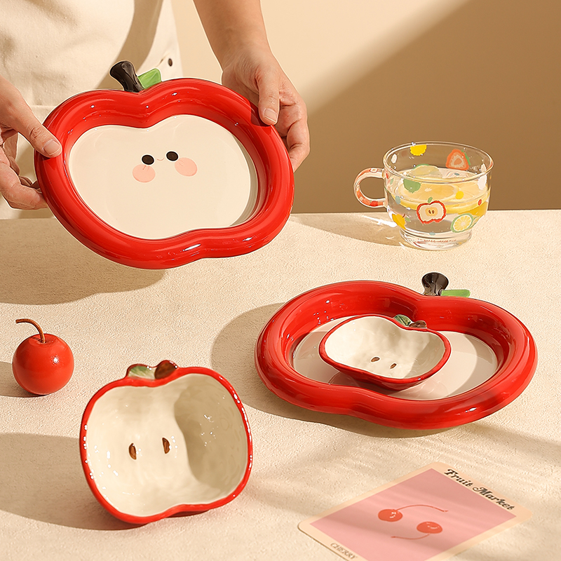 苹果餐具盘碗陶瓷盘子家用菜盘意面盘米饭碗漂亮小碗可爱蘸料碟子