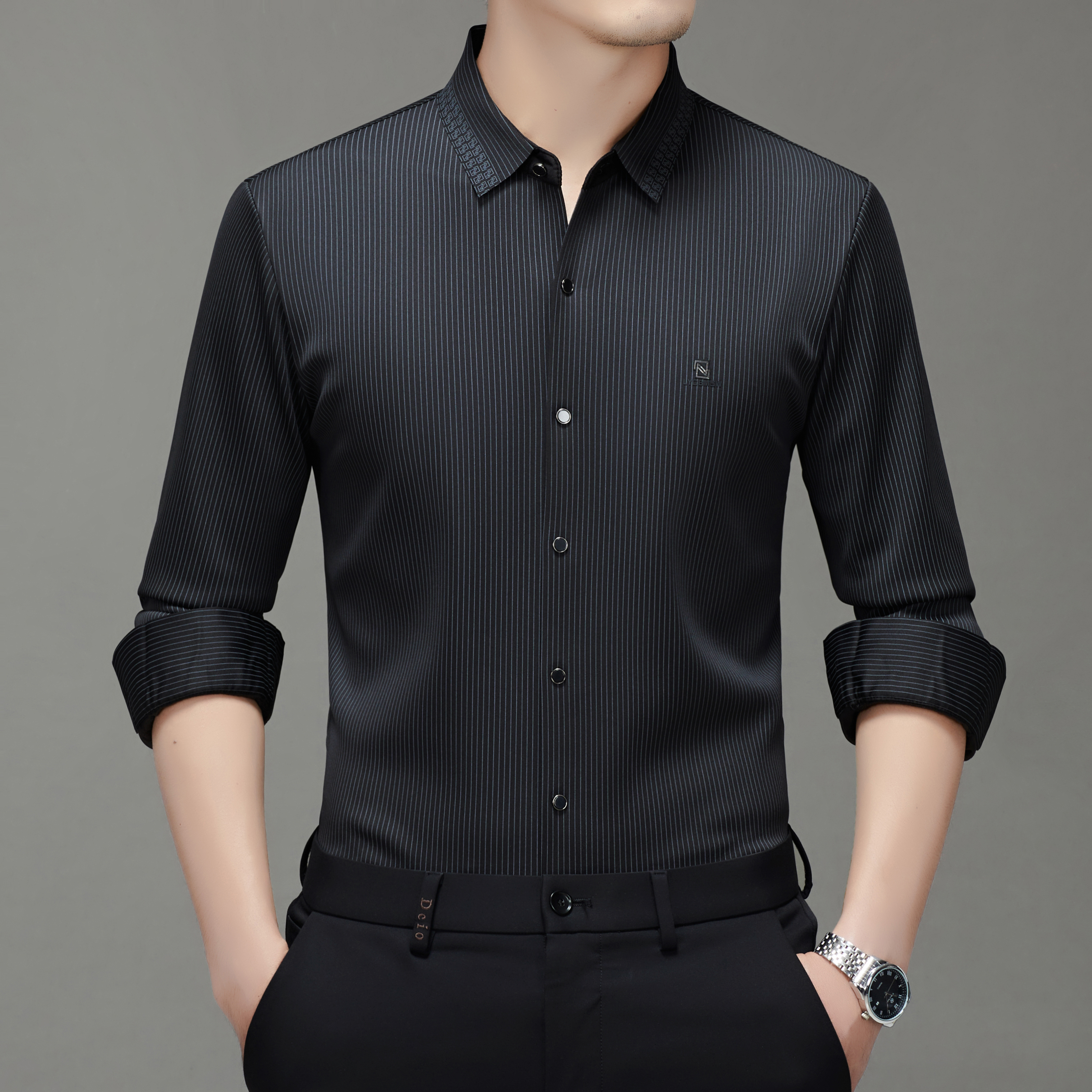 【保罗恺帝龙】竖纹数码印花氨纶贡缎衬衫加绒加厚长袖条纹休闲衬衣