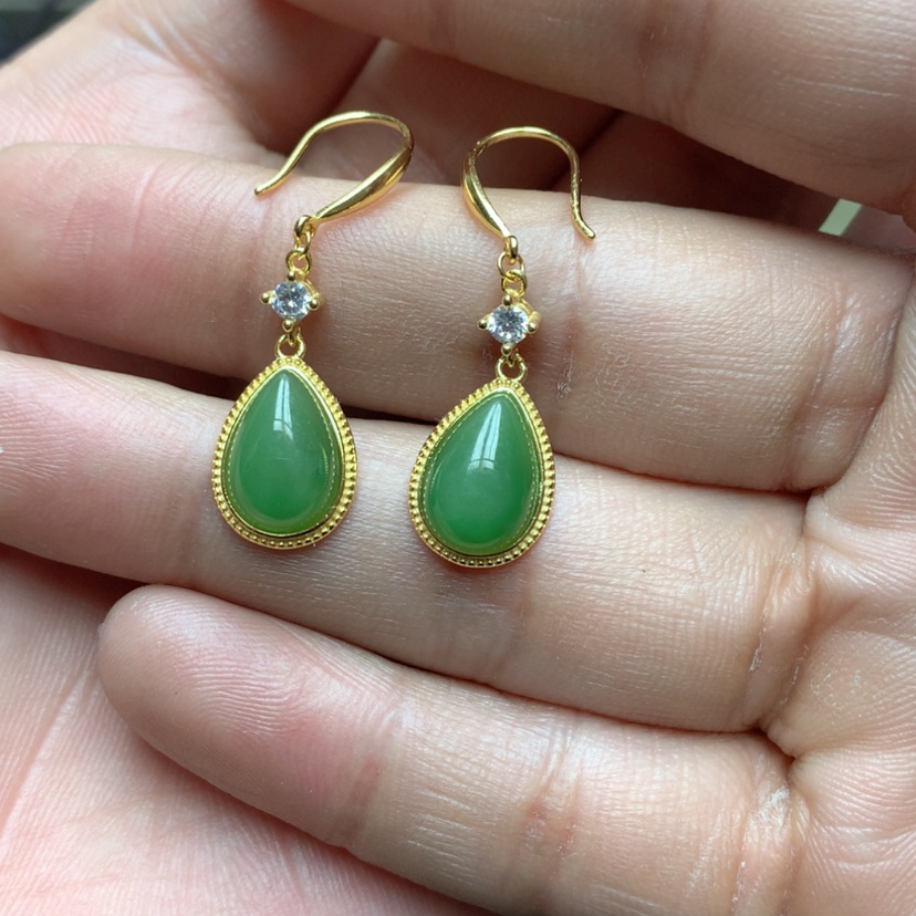 【闪购商品】和田玉（碧玉）耳坠银S925镀金镶嵌