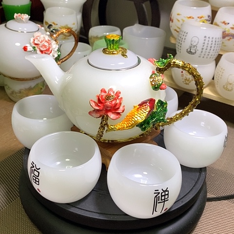 琉璃中式珐琅彩年年有余一壶六杯礼盒套装