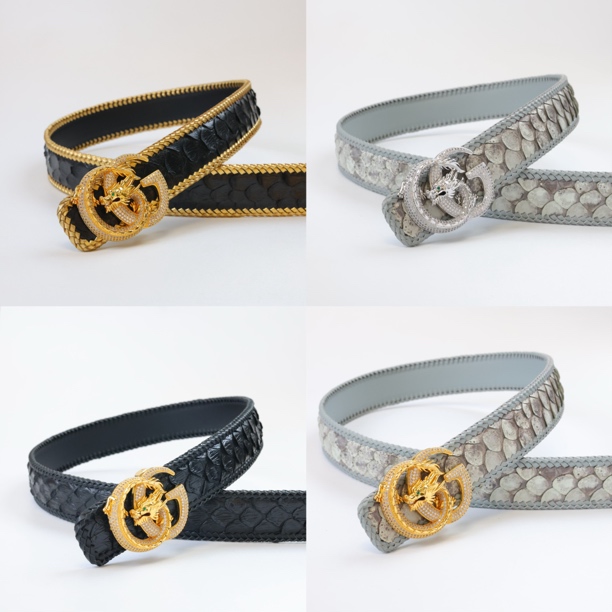 字母龙扣配纯手工编织蛇皮打孔3.8男士腰带百搭高档真皮皮带