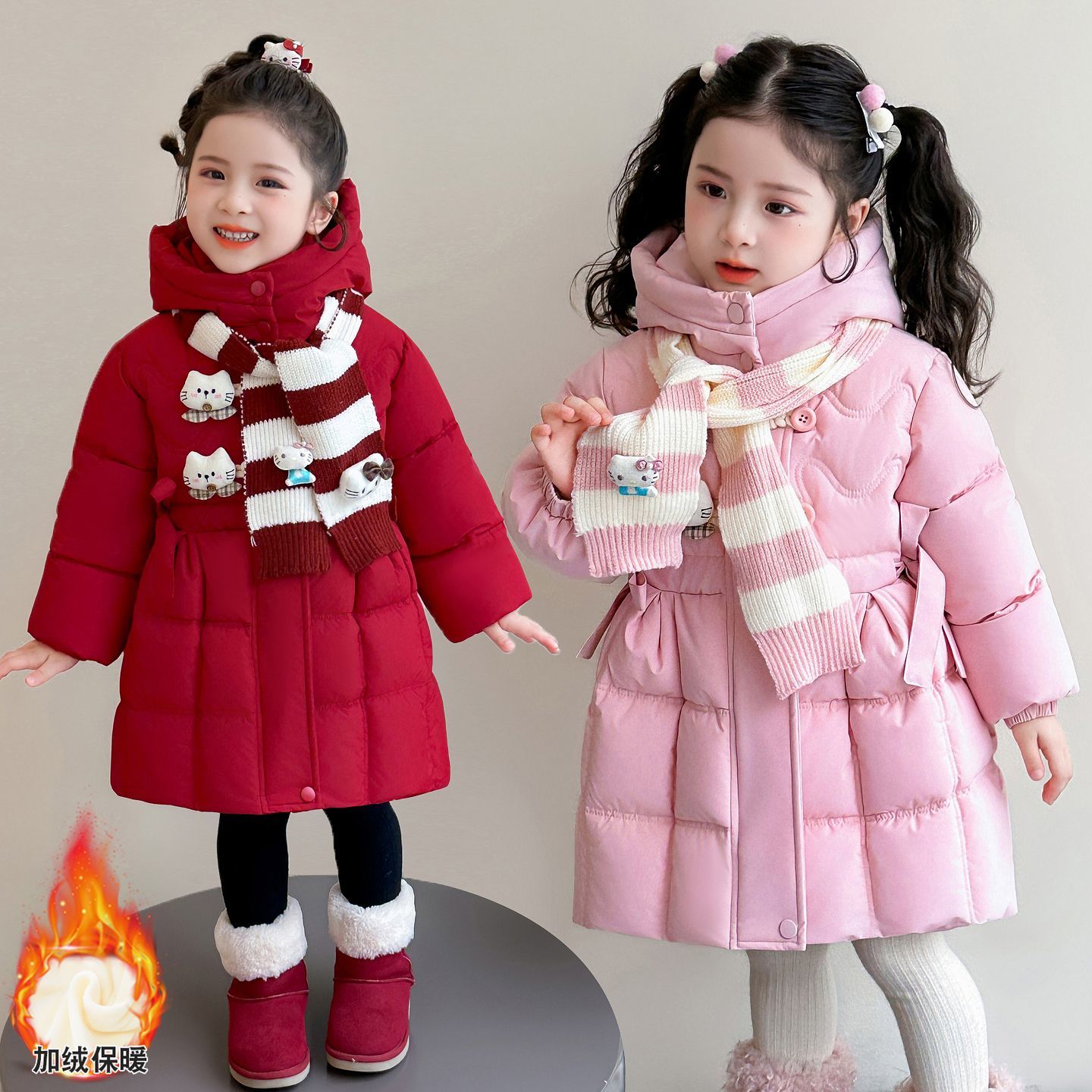 中长款棉袄棉服女童红色免洗棉衣韩版洋气加绒