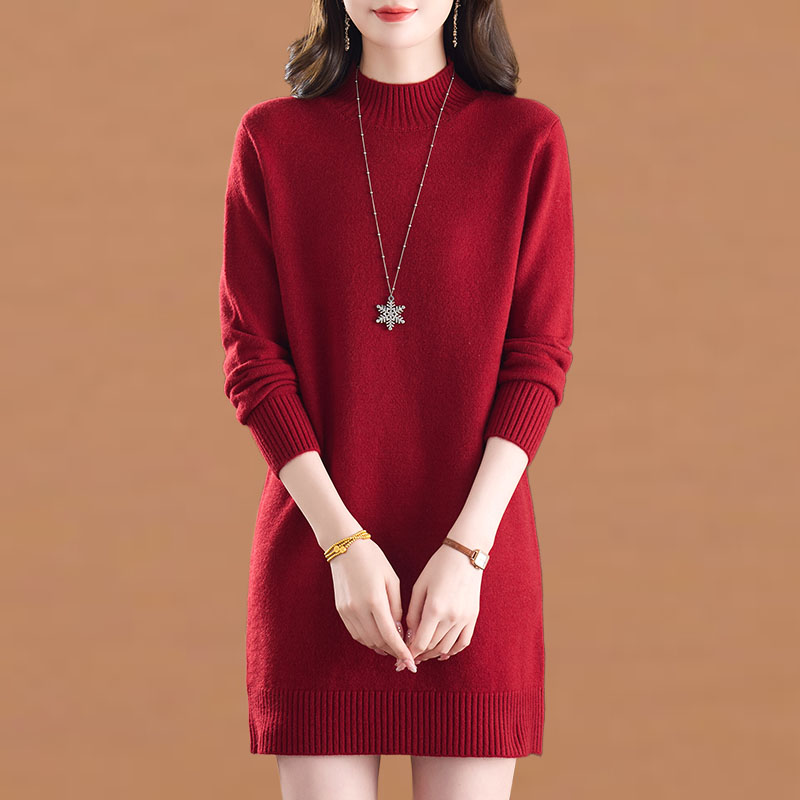 半高领中长款打底毛衣裙女秋冬新款宽松显瘦内搭遮屁股针织连衣裙