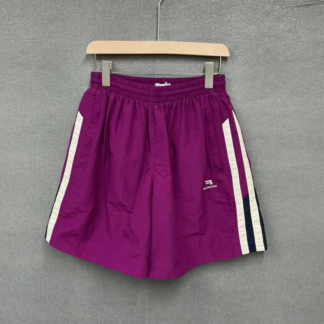 99新 Balenciaga/巴黎世家 双钩刺绣logo校服拼接紫色短裤34码