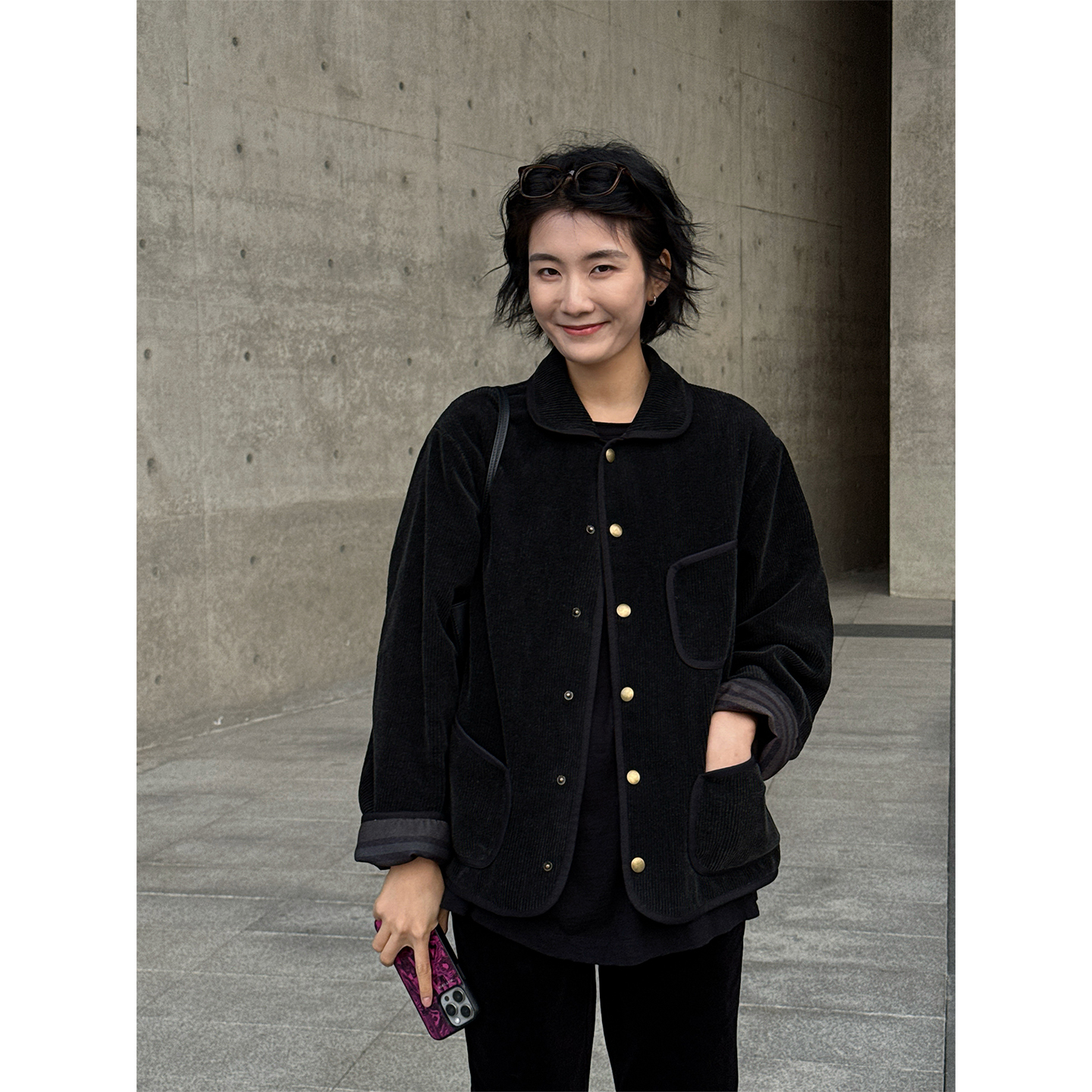 LANGQING 复古简约翻领双口袋条纹灯芯绒外套46689#