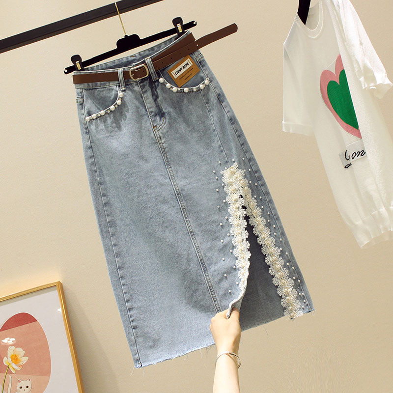 236414开叉钉珠花边牛仔半身裙春夏新款高腰显瘦百搭中长款包臂裙