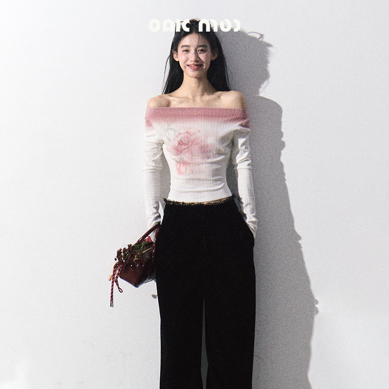 新OAKMOO/ "薄雾的京都"斜肩渐变花朵针织上衣 