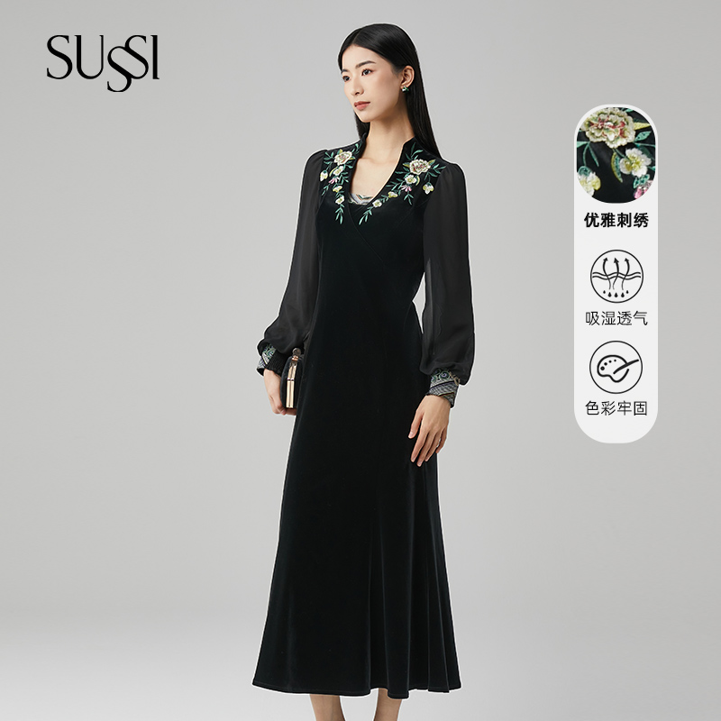 【高定款】SUSSI/古色秋季黑色高级风丝绒刺绣鱼尾连衣裙女