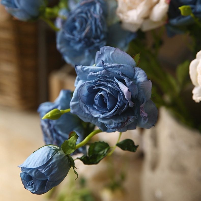 法式油画焦边仿真月季花玫瑰花假花复古客厅餐桌花装饰花插花紫色