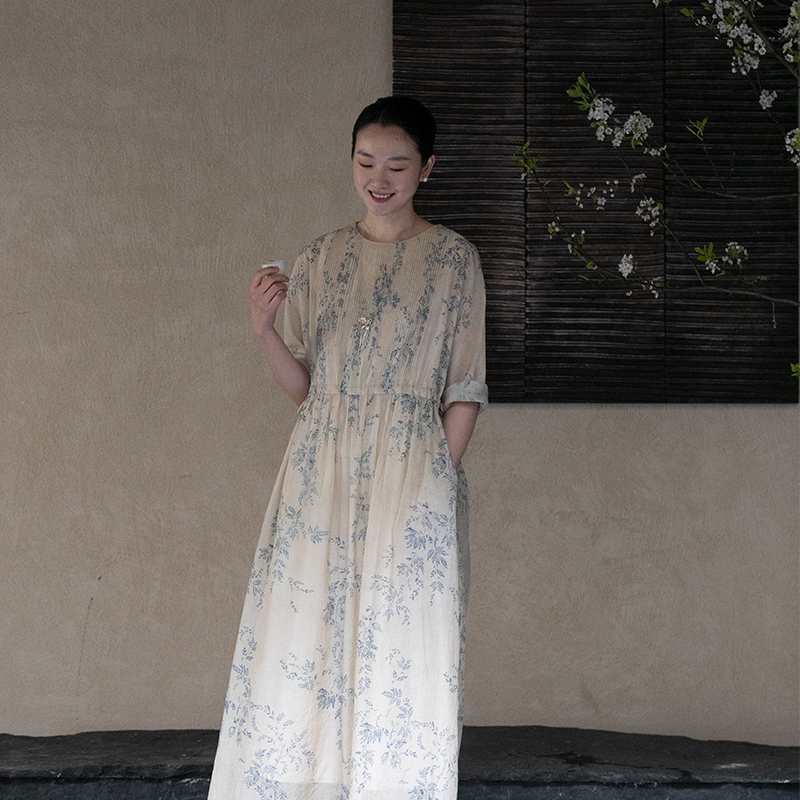 牧衣游原创 印花丝棉连衣裙新品显瘦轻薄浪漫气质文艺长裙 幽篁碧