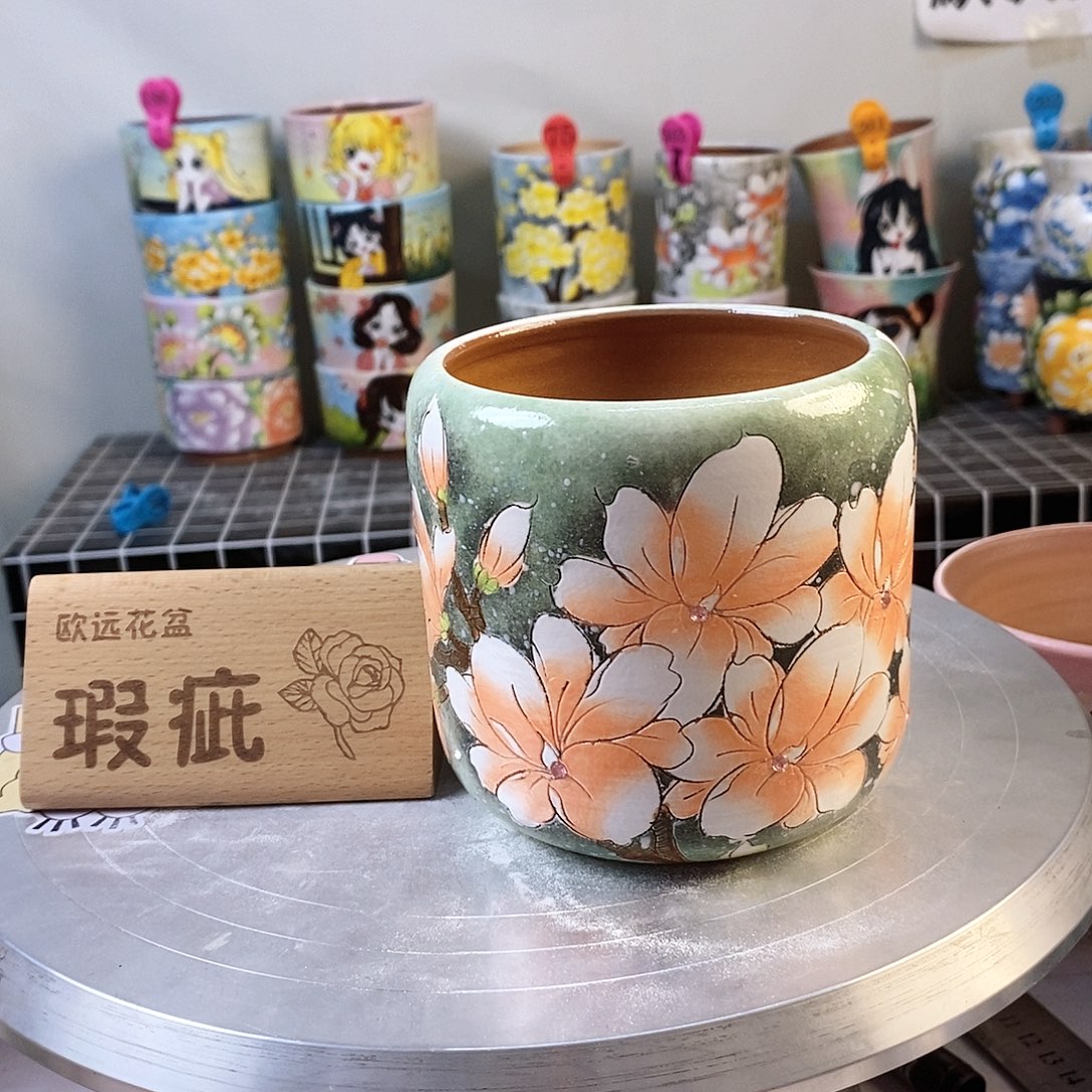紫砂花盆红陶手绘花盆