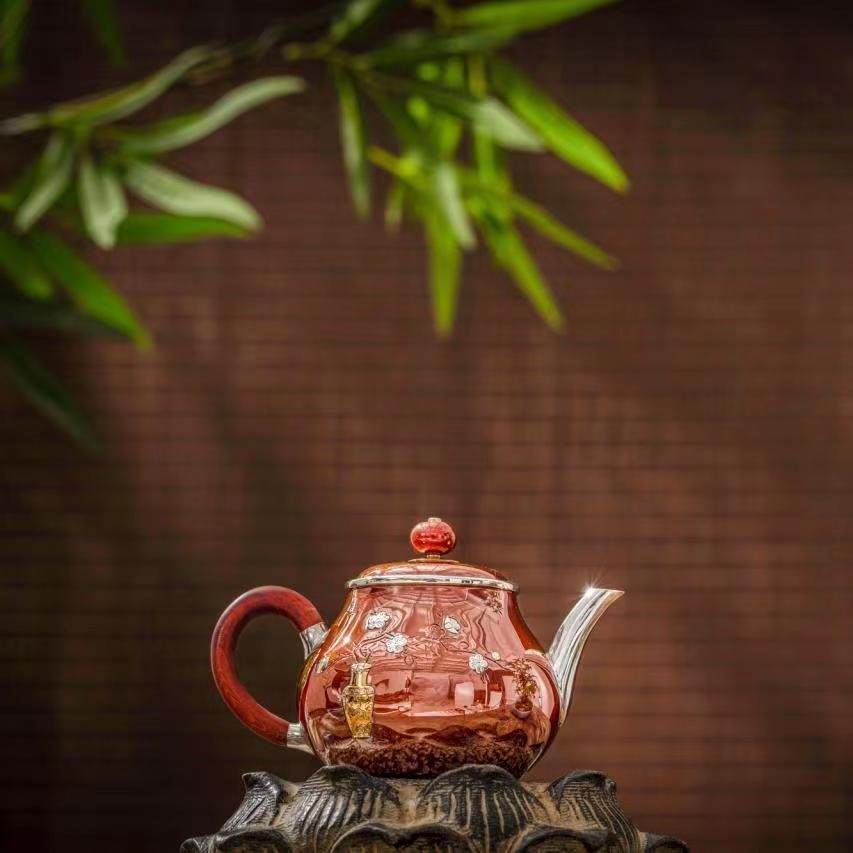 蜂鸟工坊 大师壶 木把铜包银錾刻小梨长嘴小壶 SWA1746