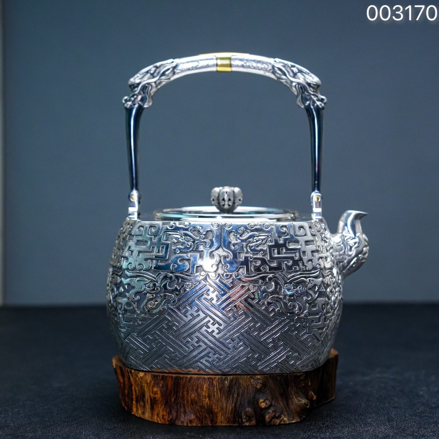 《半山工坊》手工足银四方龙首万字纹烧水壶家用银壶足银999银茶具