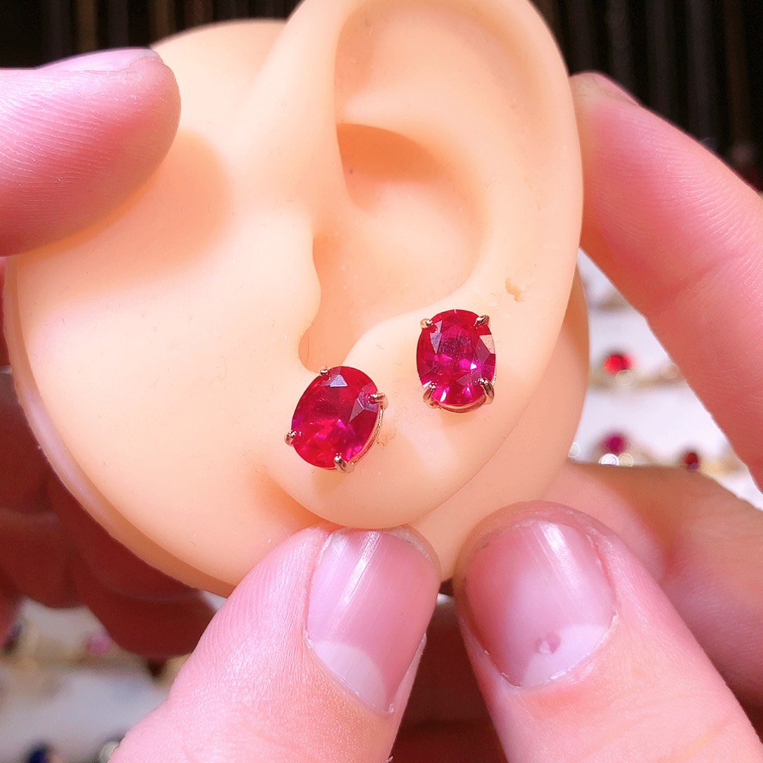 红宝石耳饰银S925镶嵌