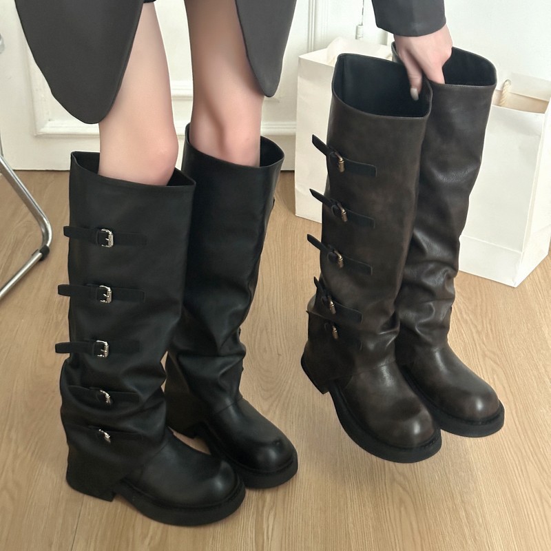 皮带扣厚底长筒靴女2025春秋季新款韩版粗跟小码套筒西部牛仔靴女