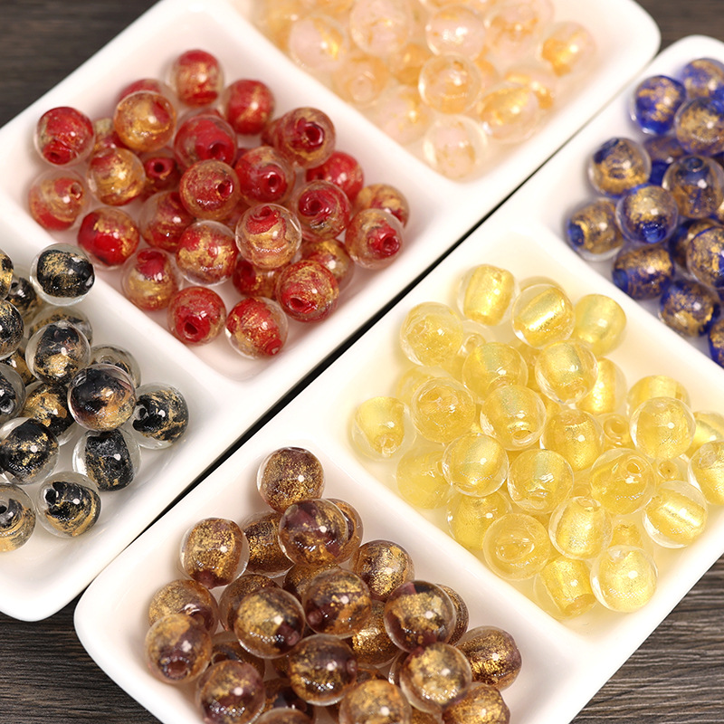 非金属玻璃手链 金箔琉璃散珠圆珠diy时尚手链项链串珠饰品