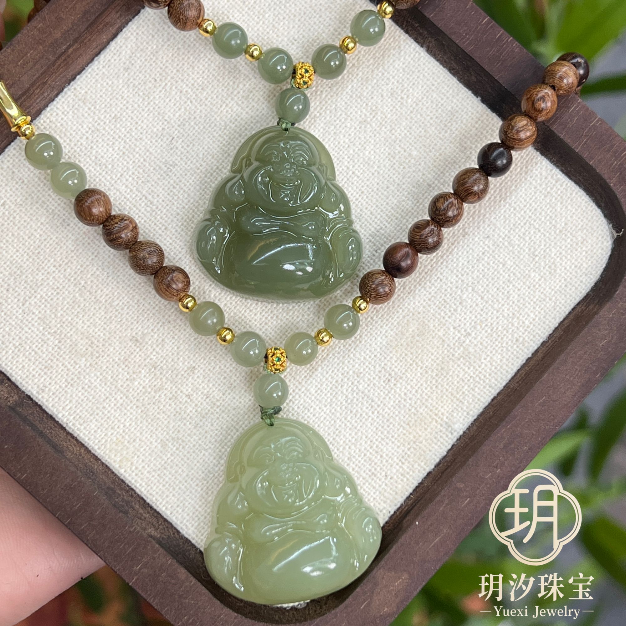【玥汐珠宝】30MM天然和田玉全珠链大肚弥勒佛公吊坠天然多样性
