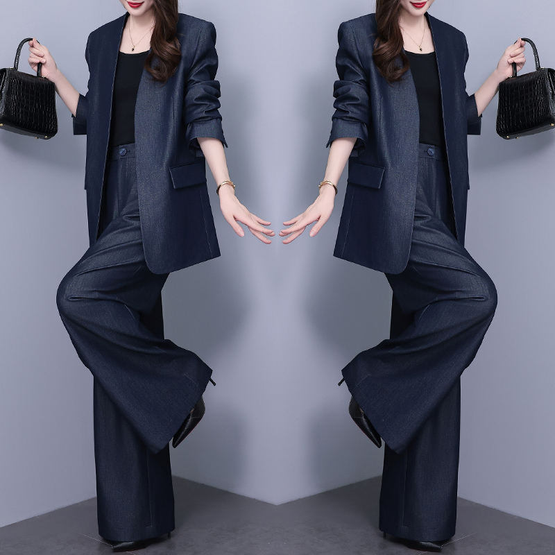 高端蓝色西装三件套女装2025秋季新款高腰阔腿裤总裁气质时尚套装