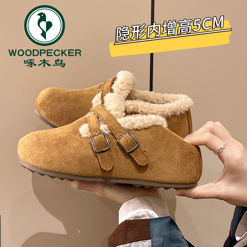 啄木鸟加绒款全包勃肯鞋2025秋冬新款通勤上班一脚蹬休闲女鞋棉鞋