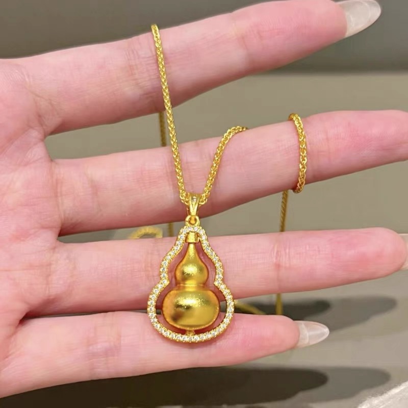 18K金可旋转葫芦项链气质轻奢时尚百搭双面金色镶嵌坠链