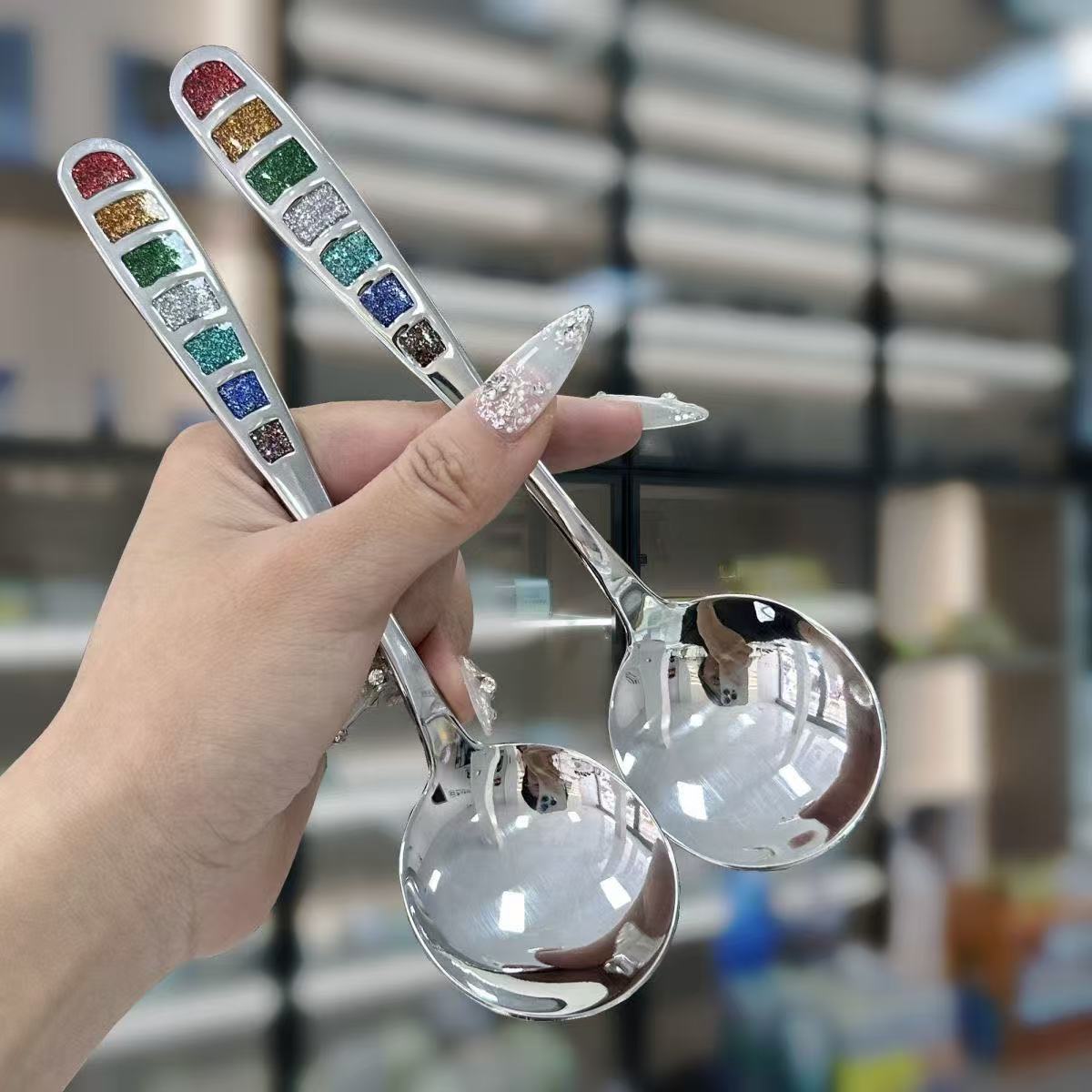 （拍一发二）18-10不锈钢勺子欧式汤匙创意七彩珐琅勺调羹勺咖啡勺