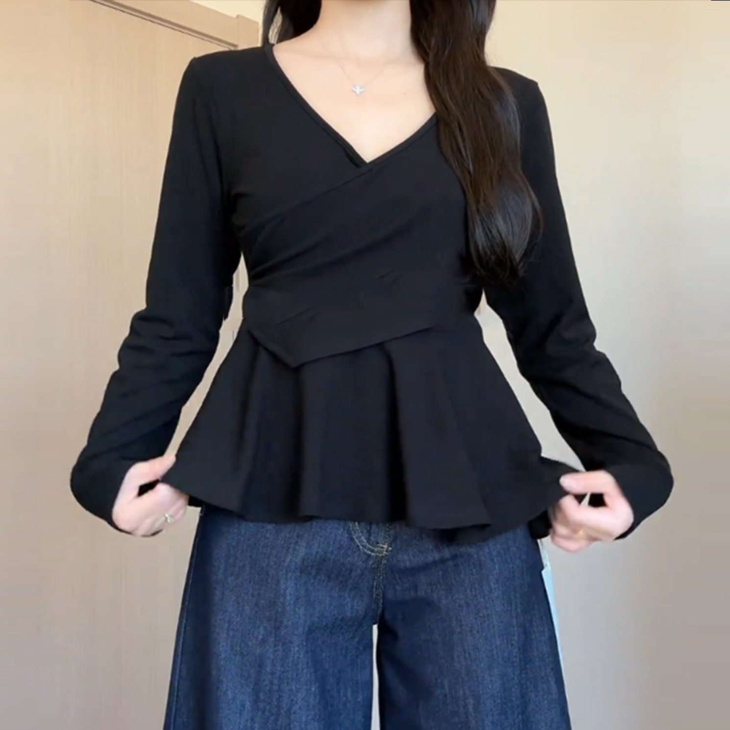 【9081】大码女装胖mm不规则交叉V领荷叶边长袖T恤秋季显瘦正肩上衣