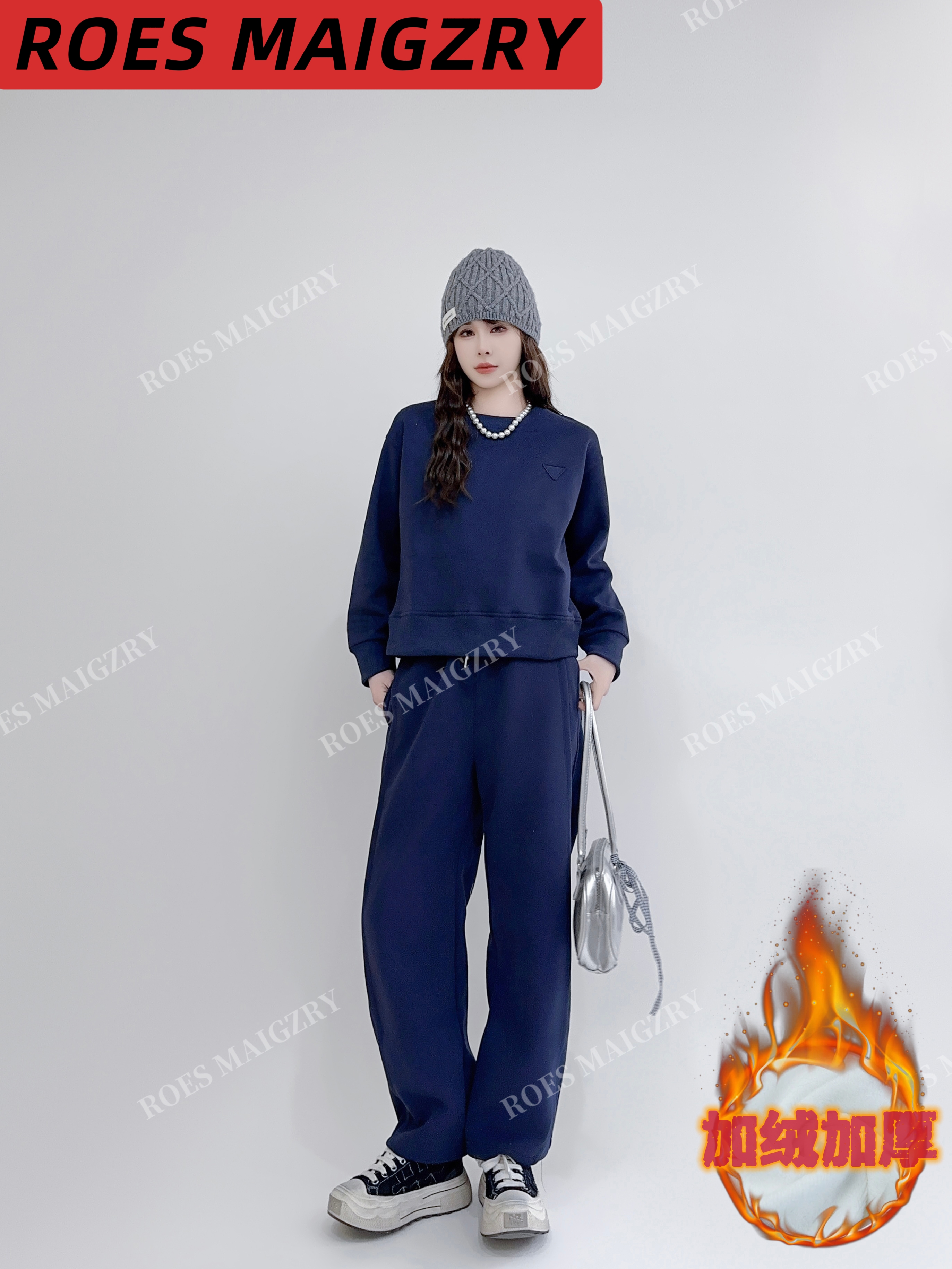 ROES MAIGZRY秋冬三角小标卫衣套装短款上衣弯刀裤两件套宽松卫衣