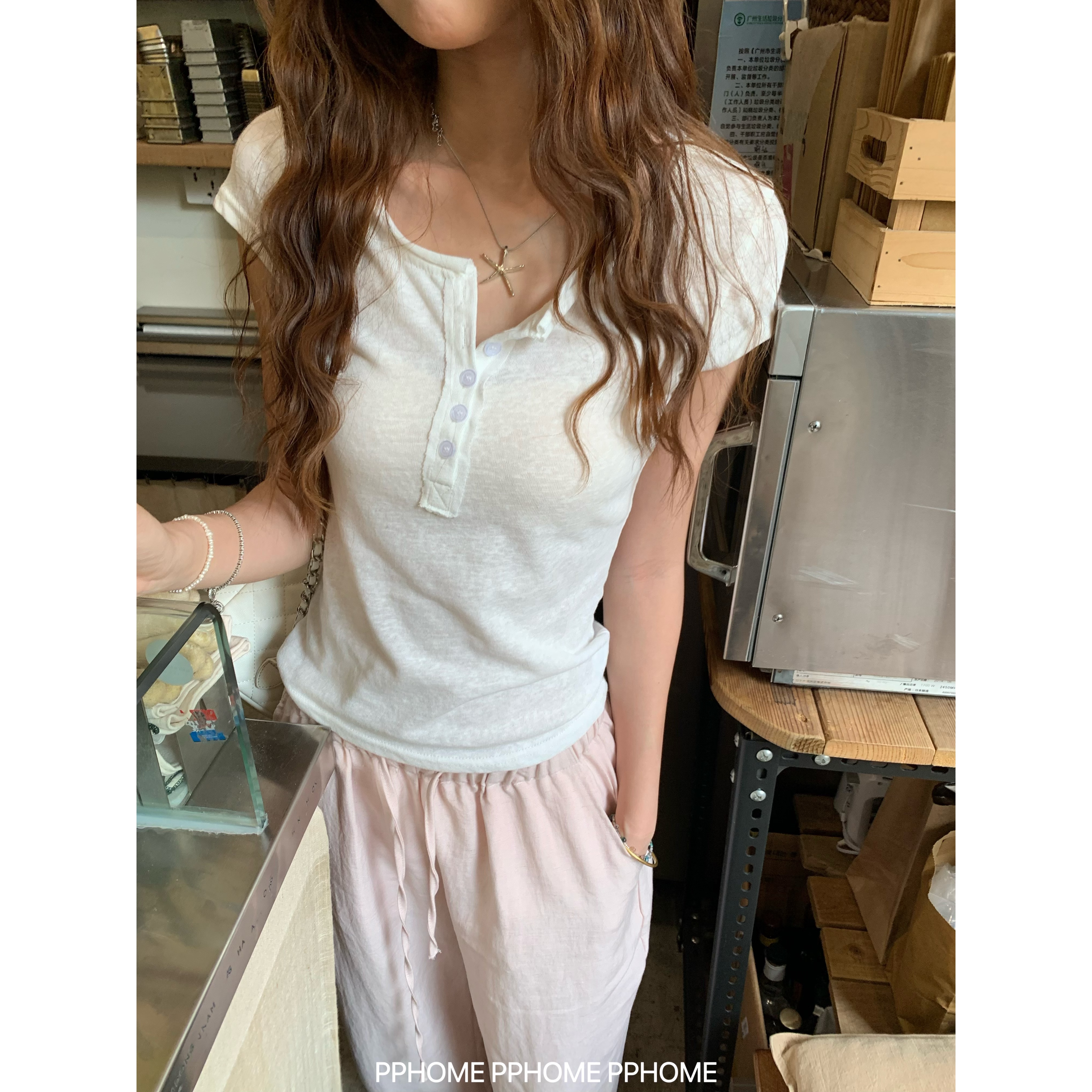 PPHOME自制~挚爱top 松弛卷边领显瘦微透短袖正肩T恤女百搭上衣夏