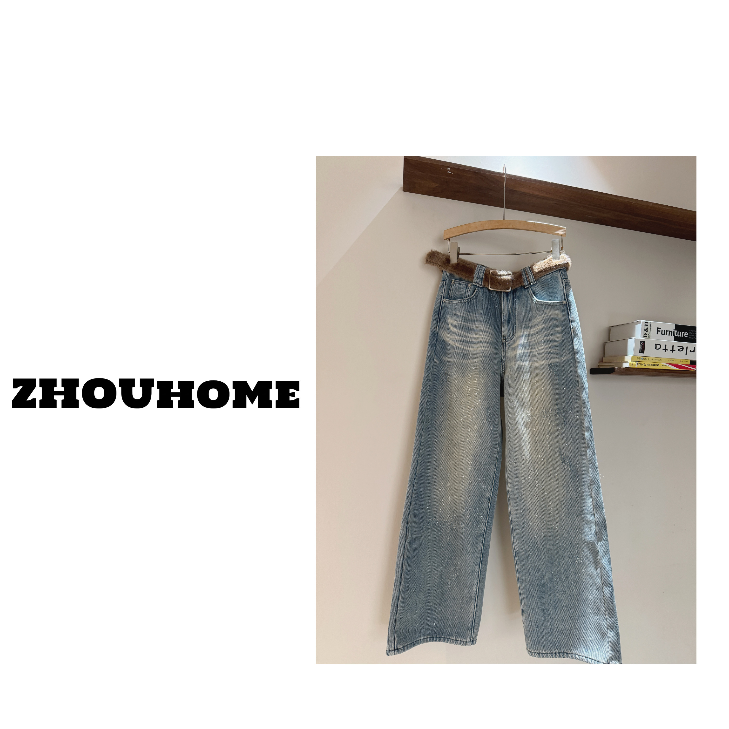 【周周服饰】欧货复古水洗星空加绒阔腿牛仔裤女冬2026新款-配腰带