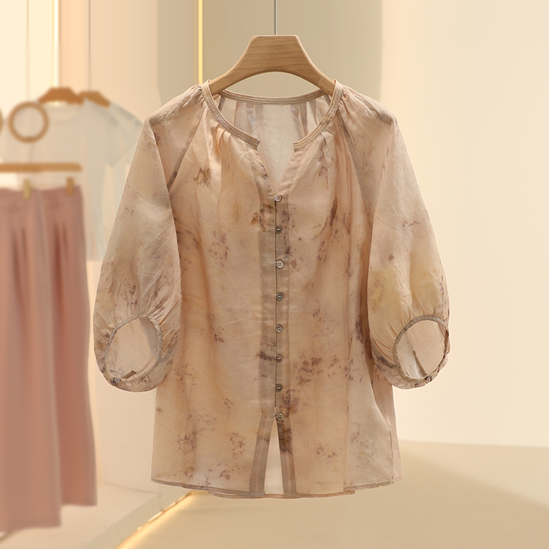 【ka】苎麻百搭显瘦晕染花卉上衣2025夏季商场专柜品牌女装
