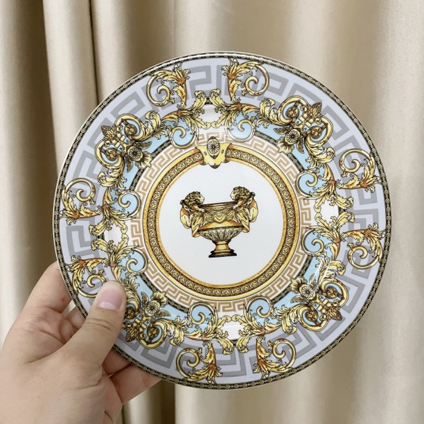 2个范两个狮子回字纹7.5英寸新骨瓷陶瓷盘平盘外贸尾单点心盘微瑕