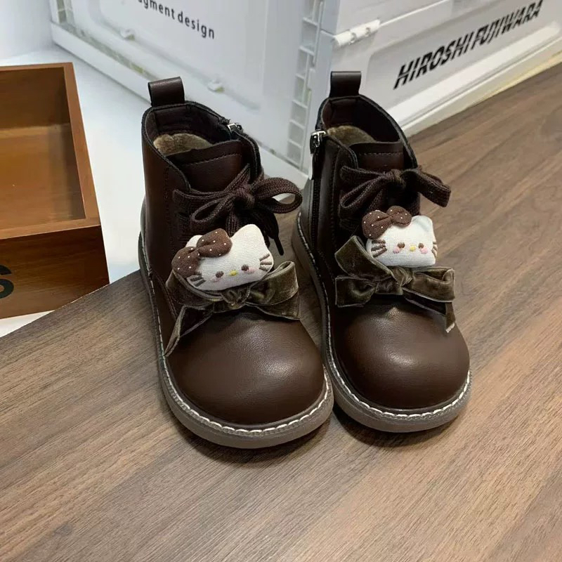 特批冬款二棉加绒短靴蝴蝶结卡通猫咪时尚洋气女童靴