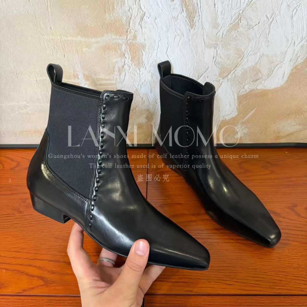  【若希】时尚百搭黑色英伦风秋冬气质方头短靴25XZ825LX