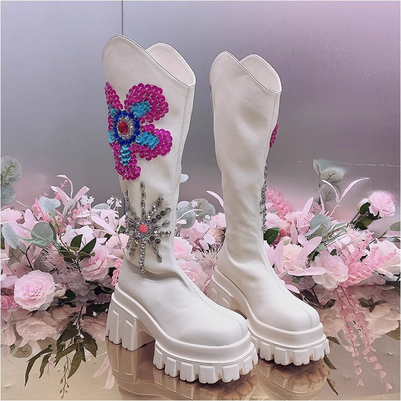 HH6107欧美风设计师2024秋冬新款重工钉钻刺绣亮片花朵时尚皮靴女