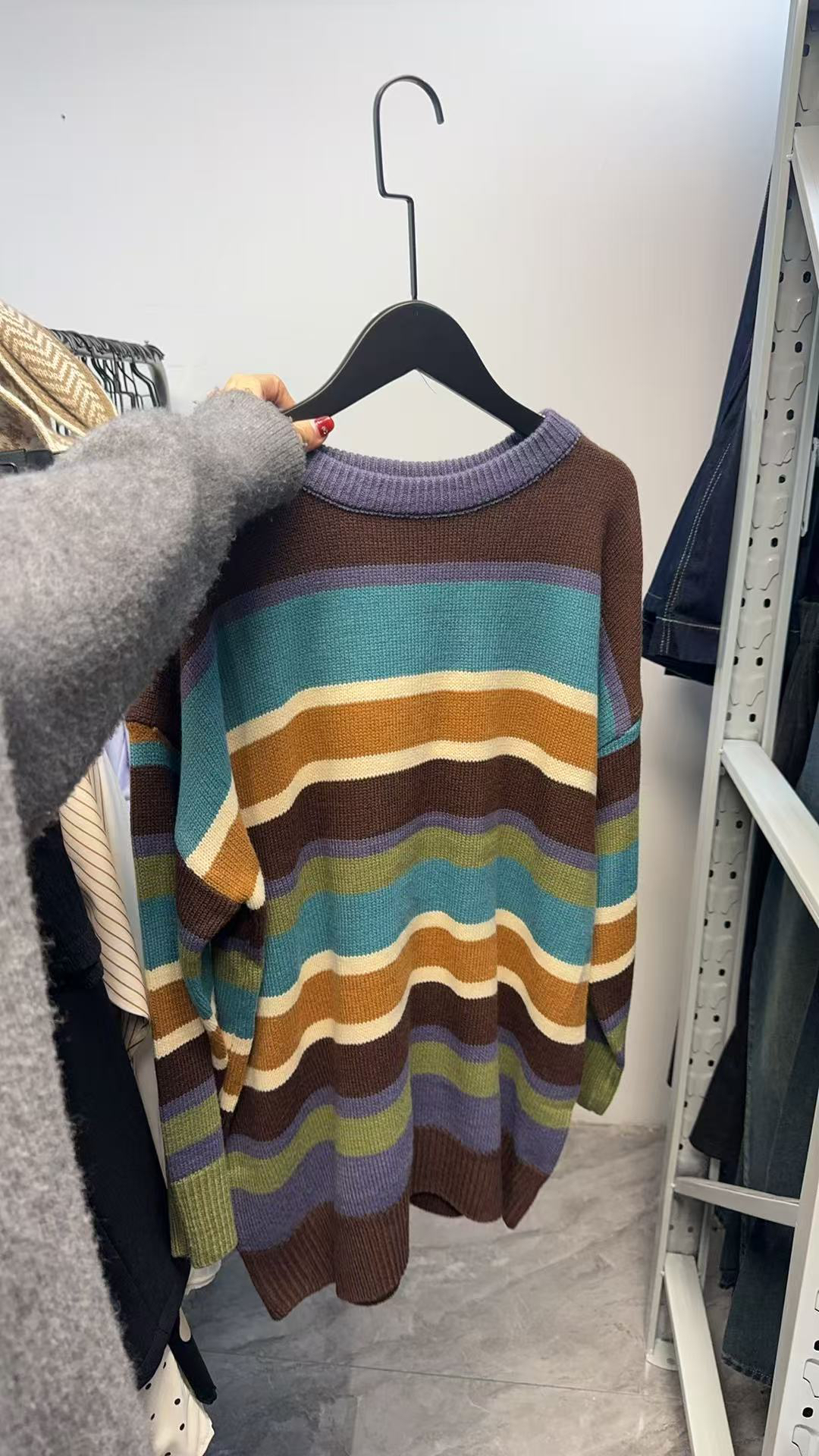 不起球条纹拼接上衣套头绿色针织休闲风长袖宽松型女士毛衣